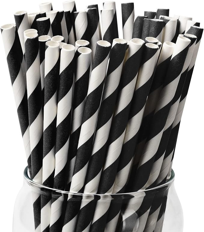 PakTalk [100 Pack] Biodegradable Black & White Stripe Paper Straws for Birthdays, Weddings, Baby ... | Amazon (US)