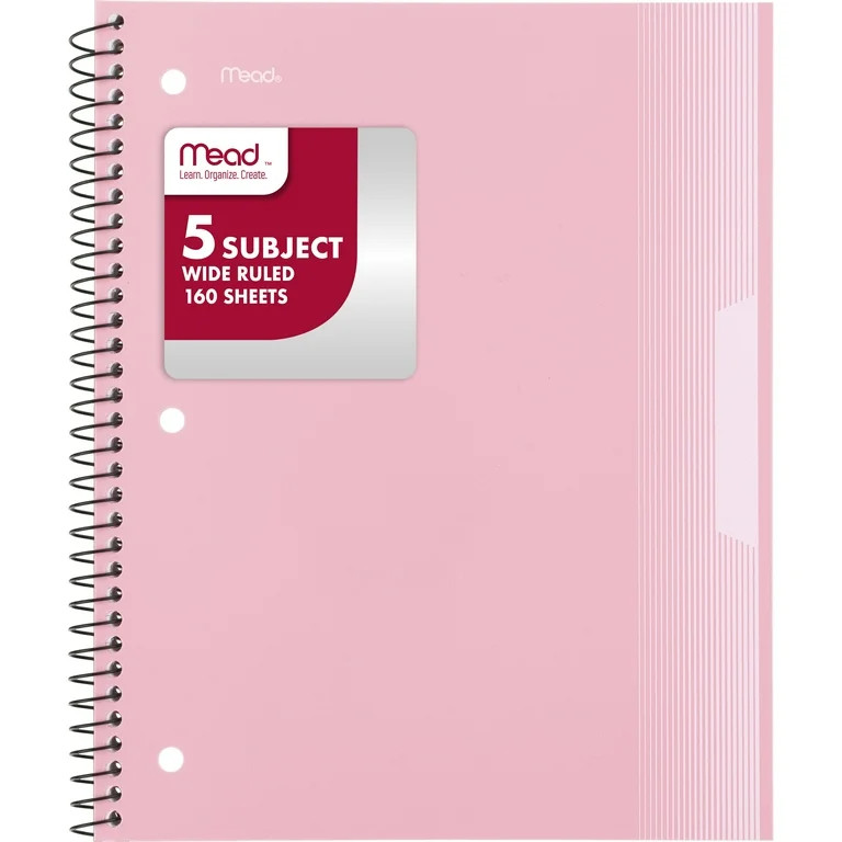 Mead 5 Subject Wide Ruled Notebook, 8" x 10.5", Pastel Pink, Poly, Spiral, 160 Sheets | Walmart (US)