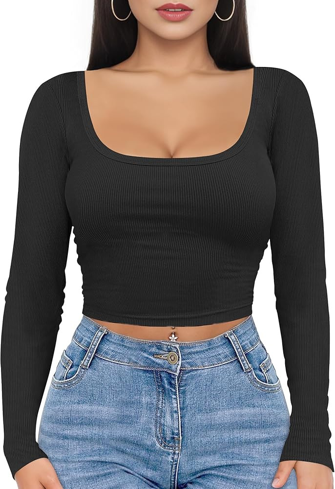Buauty Women's Long Sleeve Square Neck Crop Tops, Ribbed Knit Slim Fitted Casual Basic Y2K Crop T... | Amazon (US)