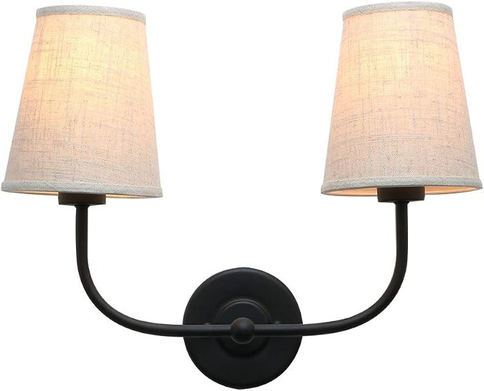 Vintage Double Sconce Matte Black 2-Lights Sconce with Flared Funnel Linen Beige Fabric Shade for Bedroom, Bedside, Living Room Wall Mount Picture Light Fixture | Amazon (US)