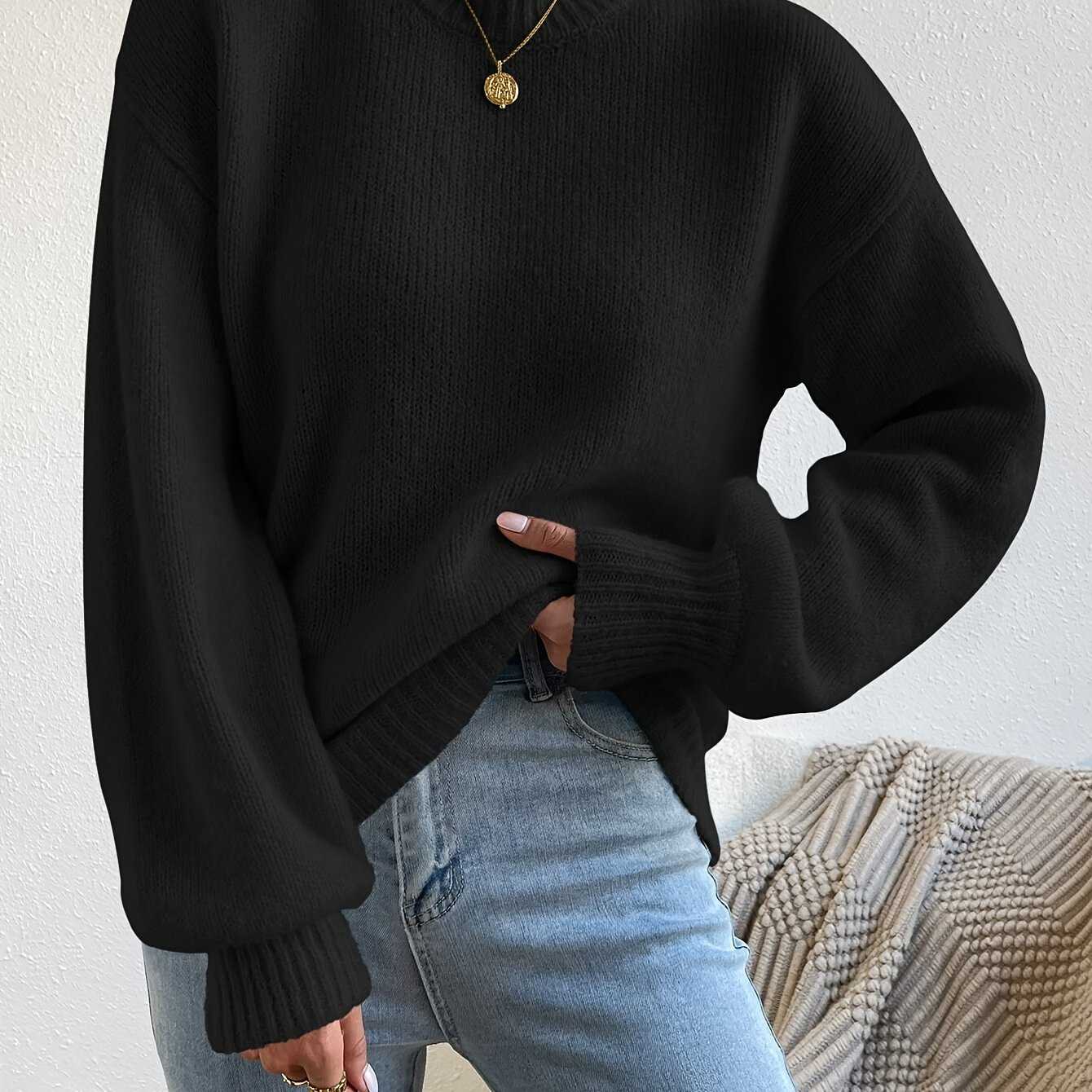 TEMU Suéter Acrílico Preto Casual Feminino - Francesa, Design de Ombro Caído, , Canelado, Lavável à Máquina para Outono/Inverno, Suéter Confortável para a Dia|Look |Tecido de Elasticidade | Temu Affiliate Program