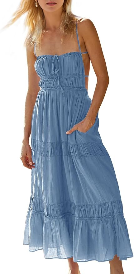Wenrine Womens Summer Beach Dresses Backless Spaghetti Straps Self Tie Tiered Flowy Casual Maxi D... | Amazon (US)