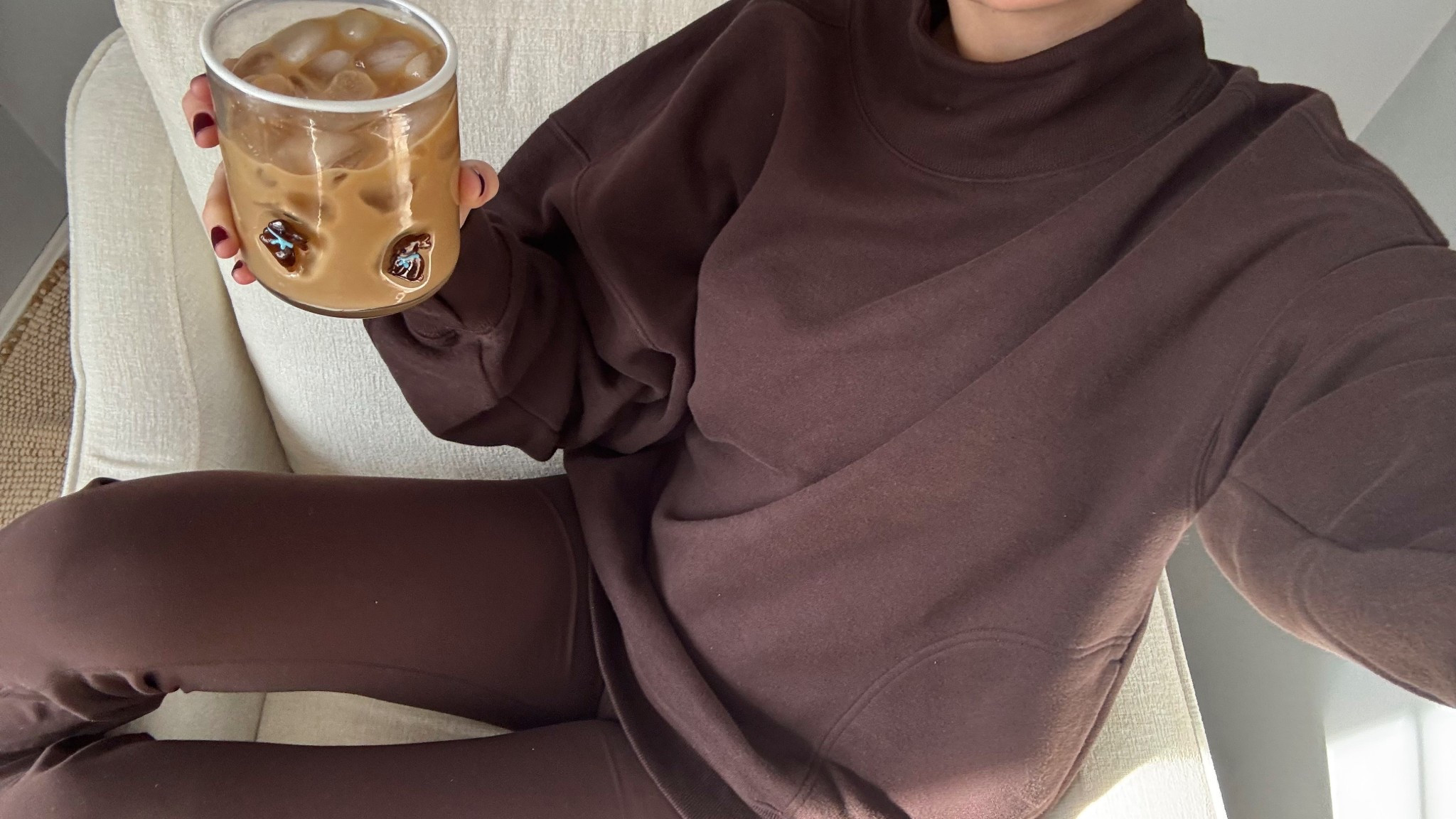 big sale at aerie! got buy one get one free leggings. also this chocolate brown mockneck to match the cutest chocolate bunny glass from anthro!! 🤎🤎🤎