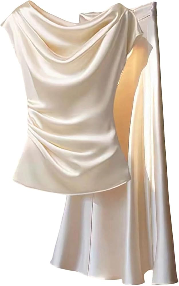 OYOANGLE Women's Two Piece Skirt Set Cowl Neck Ruched Blouse and Elastic Waist Ruffle Long Skirts | Amazon (US)