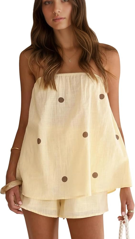 Polka Dot 2 Piece Shorts Set Summer Lounge Sets Strapless Top and Shorts Matching Airport Travel ... | Amazon (US)