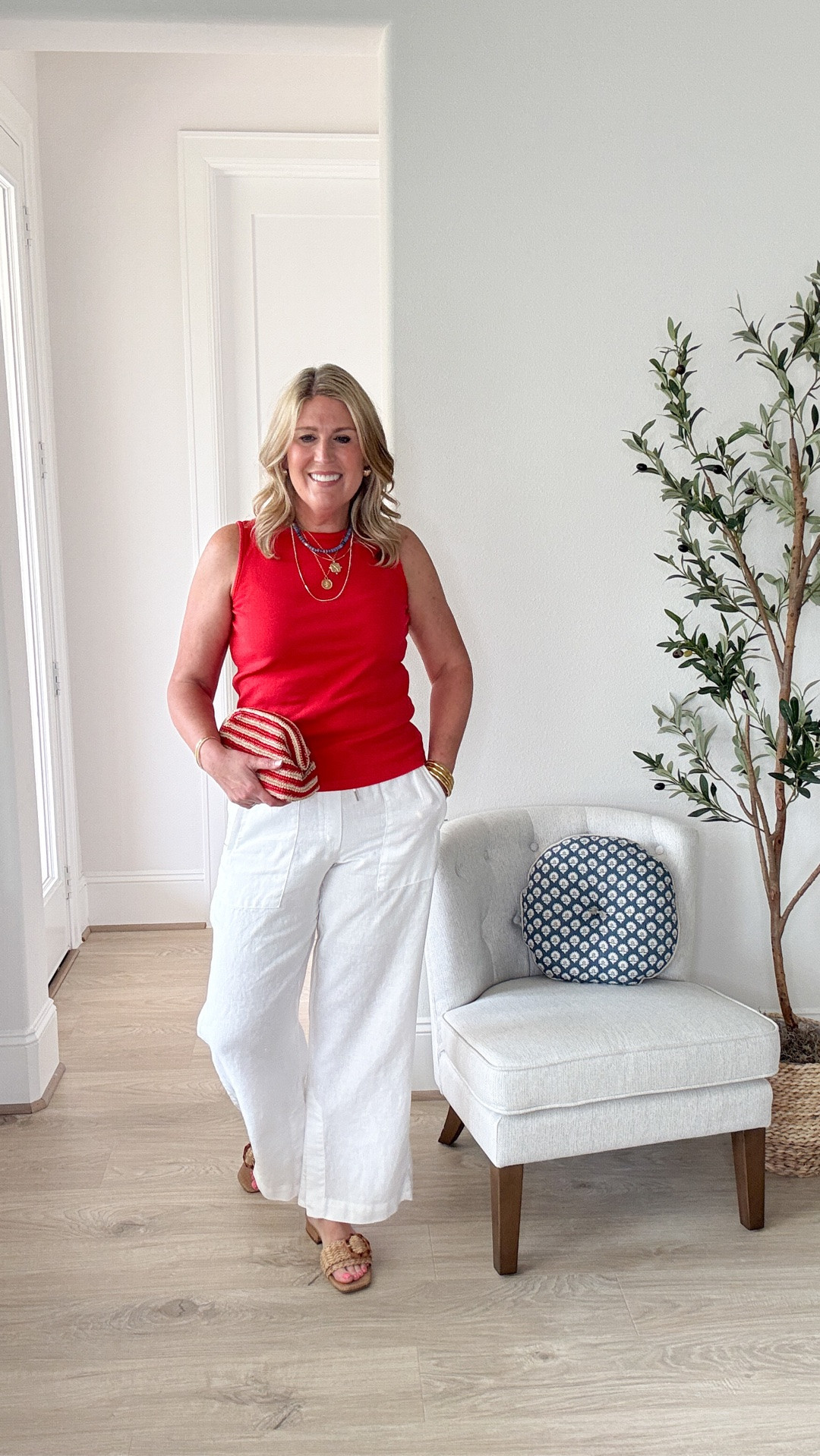 Tank runs tts. 
Pants run tts. Sweater has a relaxed fit. Runs tts. 

#CoastalStyle
#LinenPants
#FashionOver50
#SummerStyleOver50
#EffortlessStyle

#LTKootd #LTKSeasonal #LTKOver40