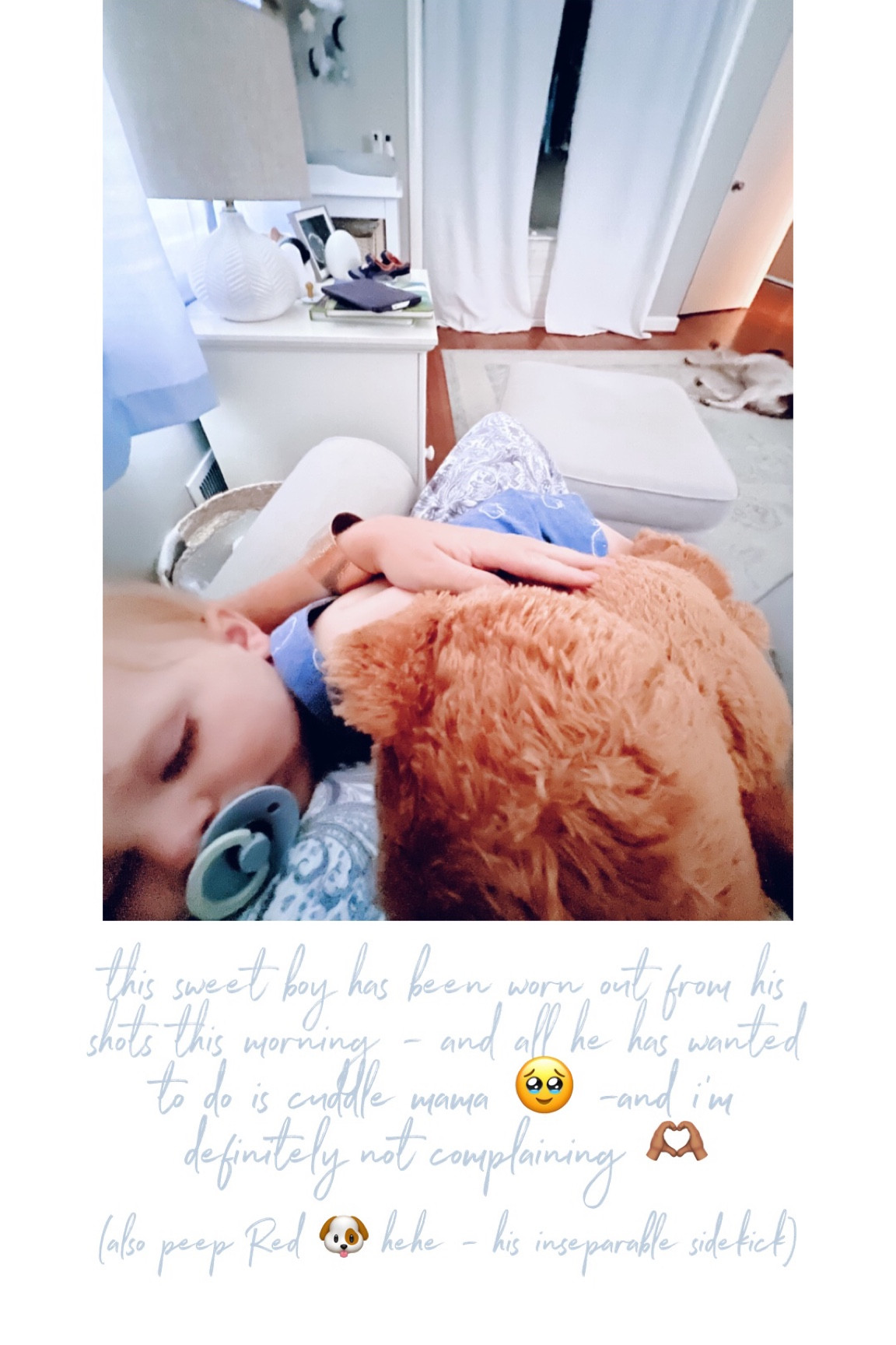 this sweet boy has been worn out from his shots this morning - and all he has wanted to do is cuddle mama 🥹 -and i'm definitely not complaining 🫶🏽 (also peep Red 🐶 hehe - his inseparable sidekick)

#LTKhome #LTKfamily #LTKbaby