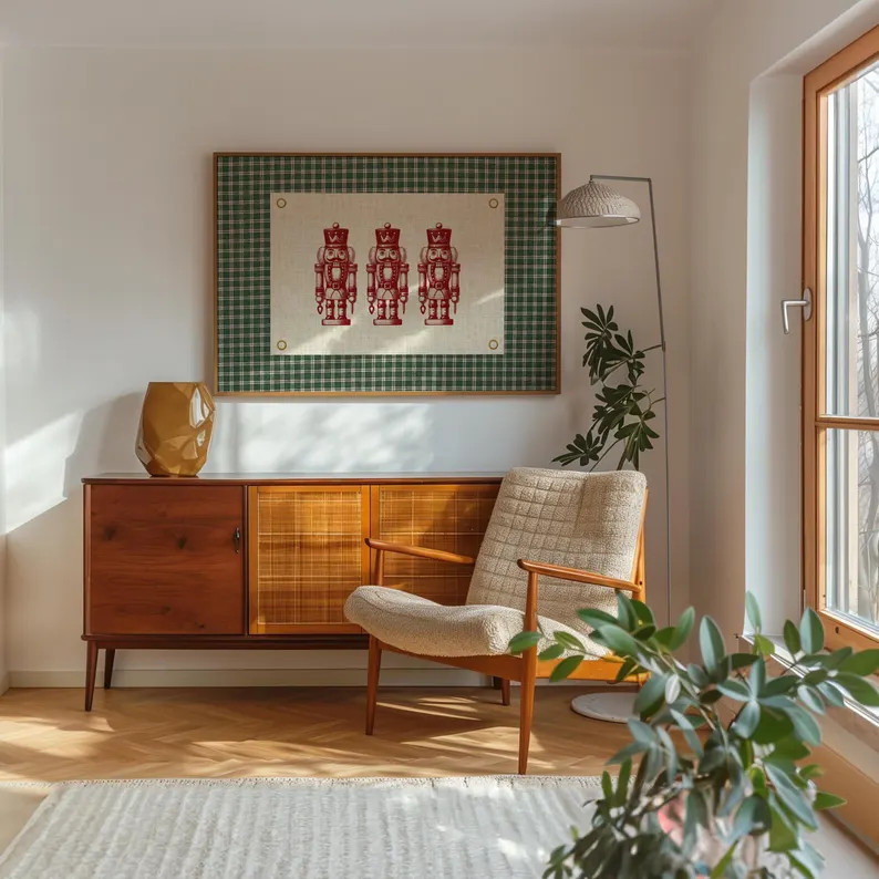 Christmas Gingham Nutcracker Print Vintage Christmas Wall Art Retro Holiday Postcard Wall Art Chr... | Etsy (US)