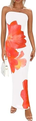 PRETTYGARDEN Women Summer Strapless Maxi Dress Bodycon Floral Sexy Long Wedding Guest Dress Forma... | Amazon (US)