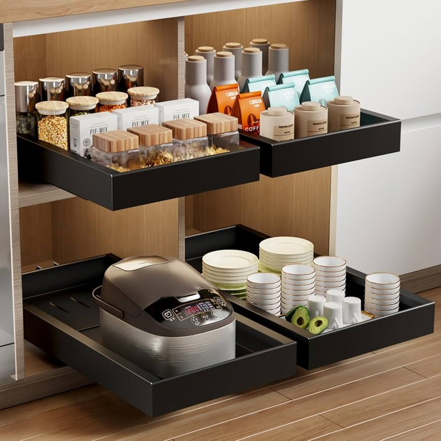 2 Pack Pull Out Cabinet Organizer,21.8" Deep Slide Out Drawer for Cabinets Adhesive Pull Out Draw... | Amazon (US)