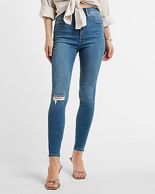 Super High Waisted Dark Wash Ripped Supersoft Skinny Jeans | Express