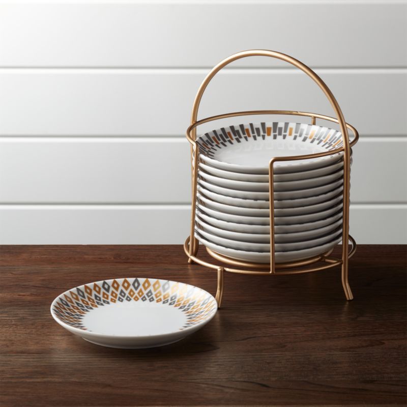 Metallic Plates with Stand, Set of 12 + Reviews | Crate and Barrel | Crate & Barrel