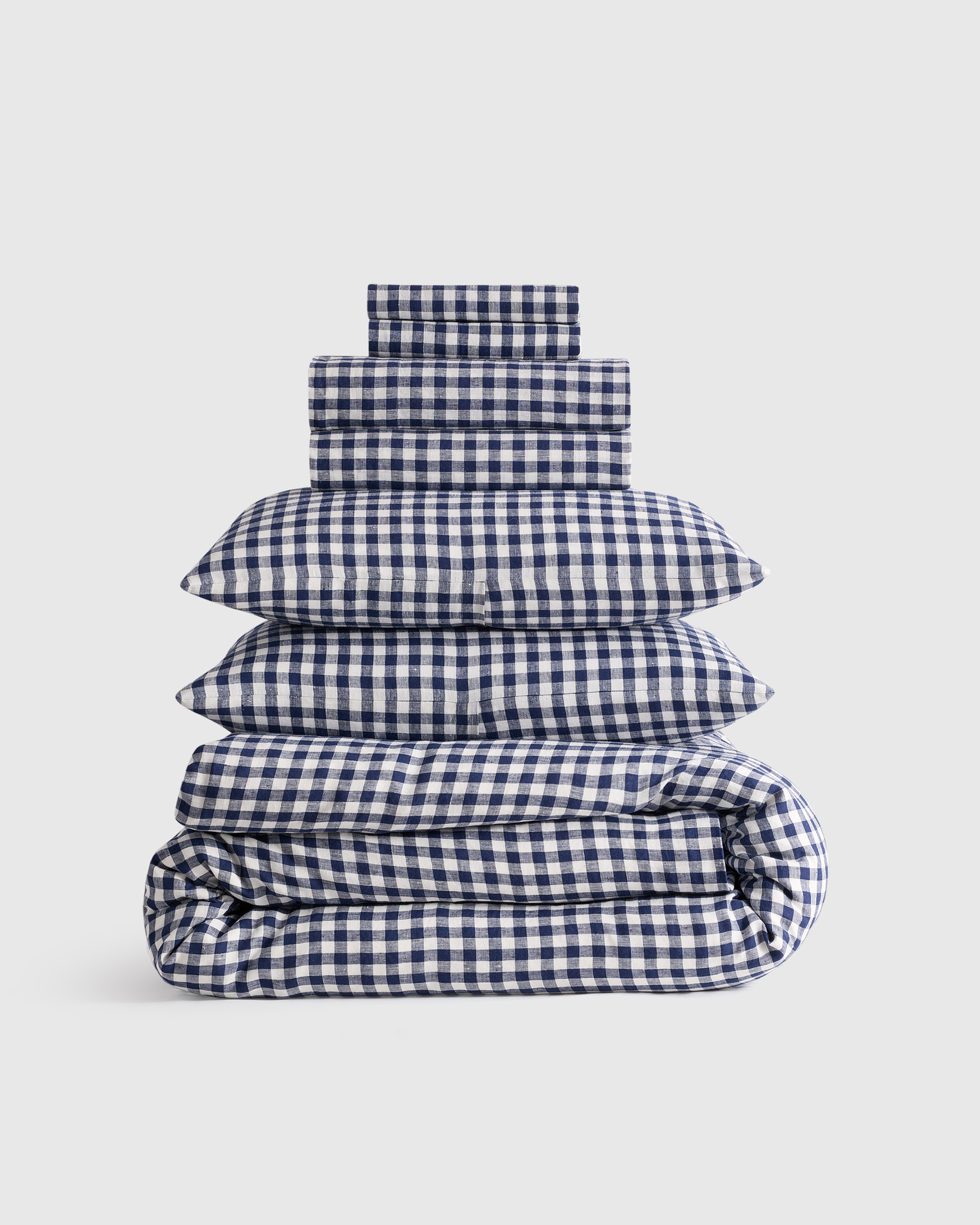 Quince | European Linen Gingham Deluxe Bedding Bundle in Navy, Size Queen | Quince