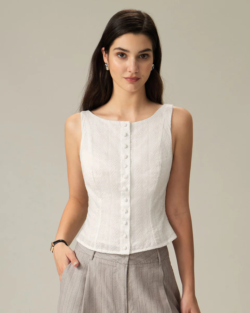 White Textured Boat Neck Button Vest & Reviews - White - Tops | RIHOAS | rihoas.com