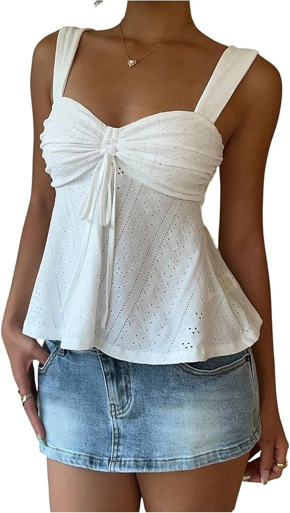 Milumia Women's Eyelet Tie Front Ruched Tank Tops Y2k Going Out Peplum Top | Amazon (US)