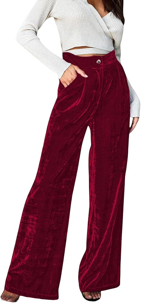 JUMISEE Women’s Velvet Wide Leg Pants Elastic High Waisted Palazzo Pants Business Work Casual T... | Amazon (US)