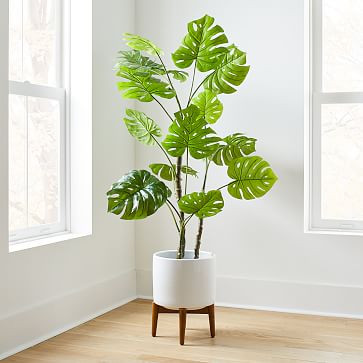Faux Monstera Plant &amp; Mid-Century Turned Wood Leg Planter Bundle | West Elm (US)