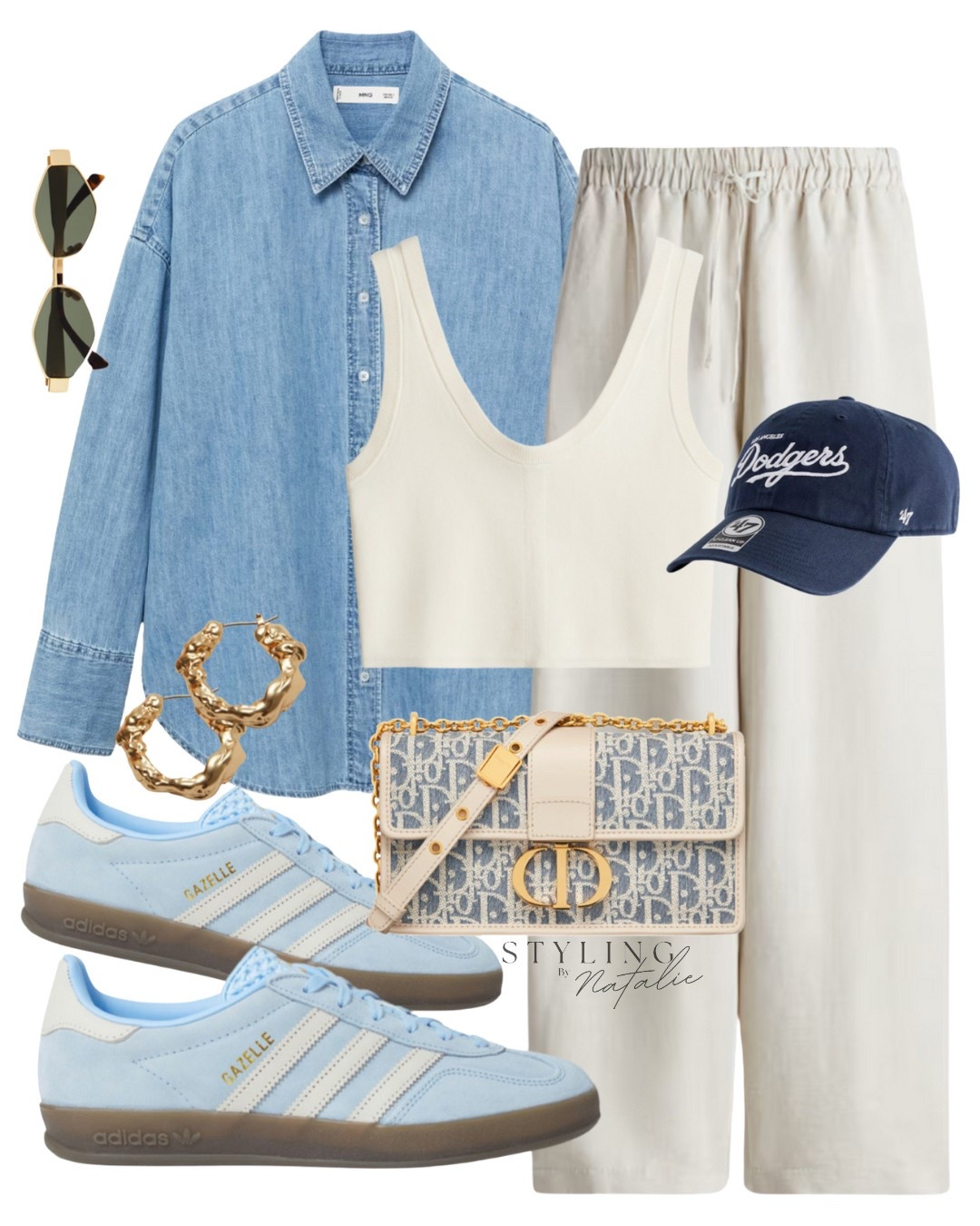 Easy casual outfit- denim shirt, vest crop top, linen trousers, Adidas Gazelle trainers, LA Dodgers baseball cap, Dior bag and gold accessories. Everyday outfit, casual, minimalist style.

#LTKspring #LTKuk #LTKeurope