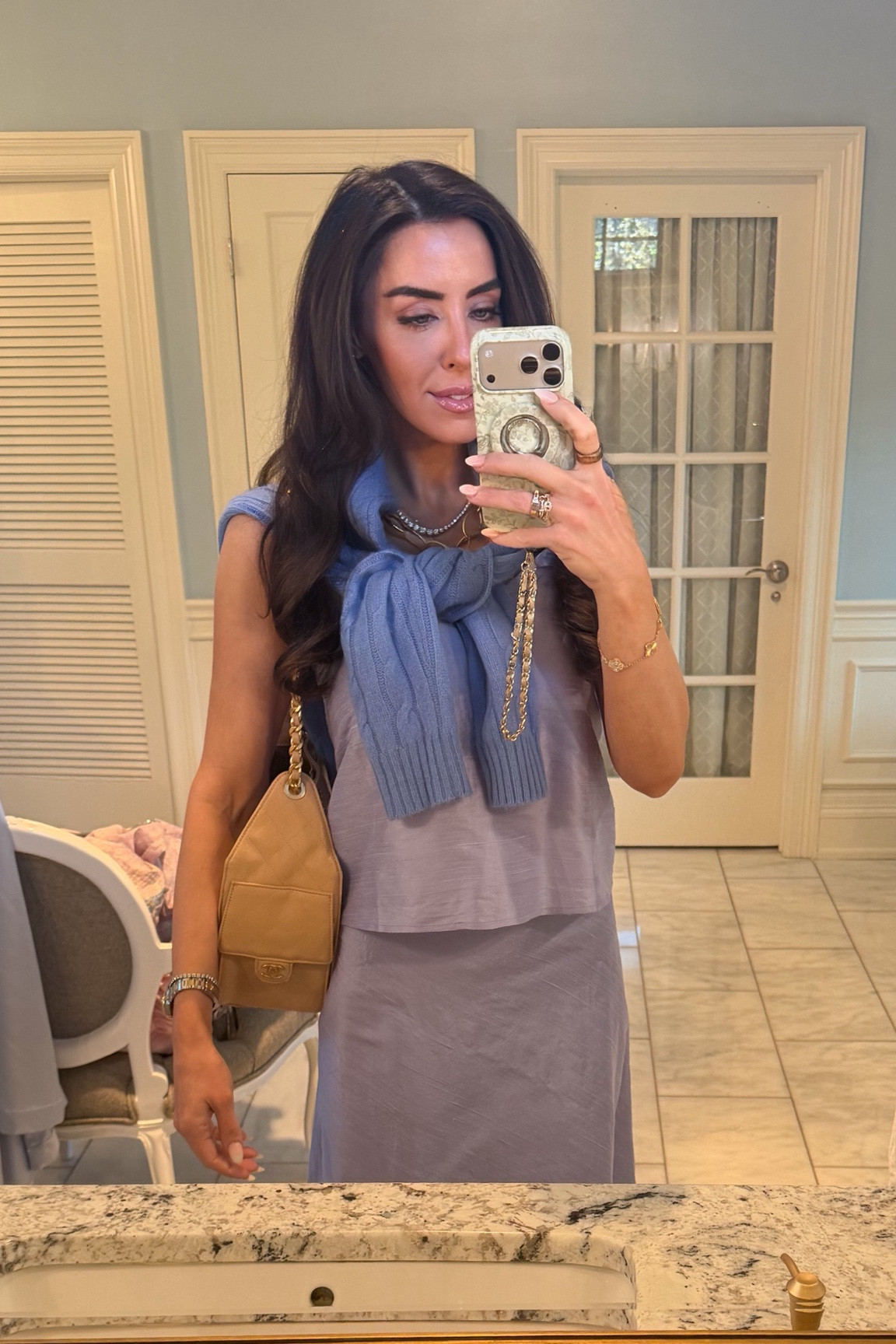 Wearing this lovely periwinkle silk set to my daughter’s kindergarten music performance 🤍 