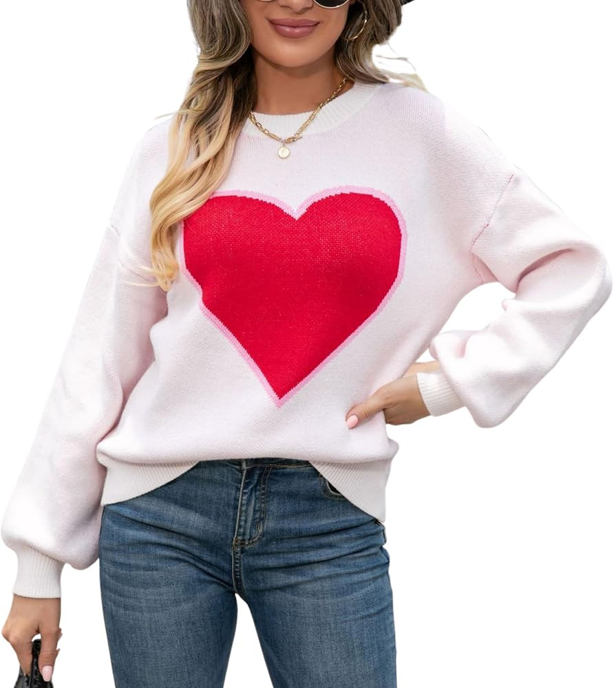 FindThy Women’s Cute Heart Print Sweater Long Sleeve Crew Neck Heart Pullover Cable Knitted Top... | Amazon (US)