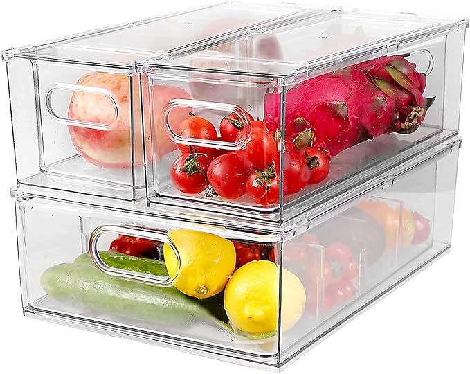 3 Pack Refrigerator Organizer Bins with Pull-out Drawer, Large Stackable Fridge Drawer Organizer ... | Amazon (US)