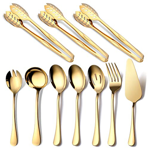 Gold Serving Utensils, OGORI 10-Piece Polished Stainless Steel Gold Serving Utensils Set Include Serving Spoons, Slotted Serving Spoon, Serving Tongs, Serving Fork, Salad Fork, Soup Ladle, Pie Server | Amazon (US)