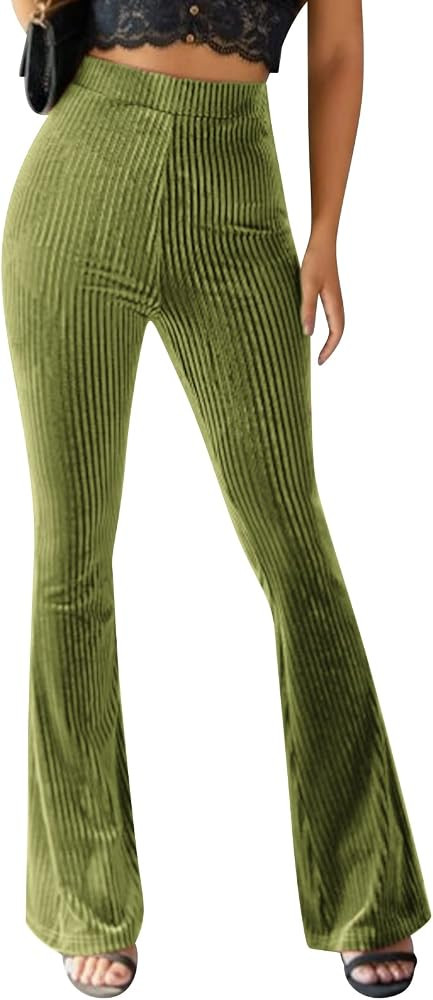 ODIZLI Women Velvet High Waisted Wide Leg Palazzo Flare Pants Solid Long Trousers | Amazon (US)