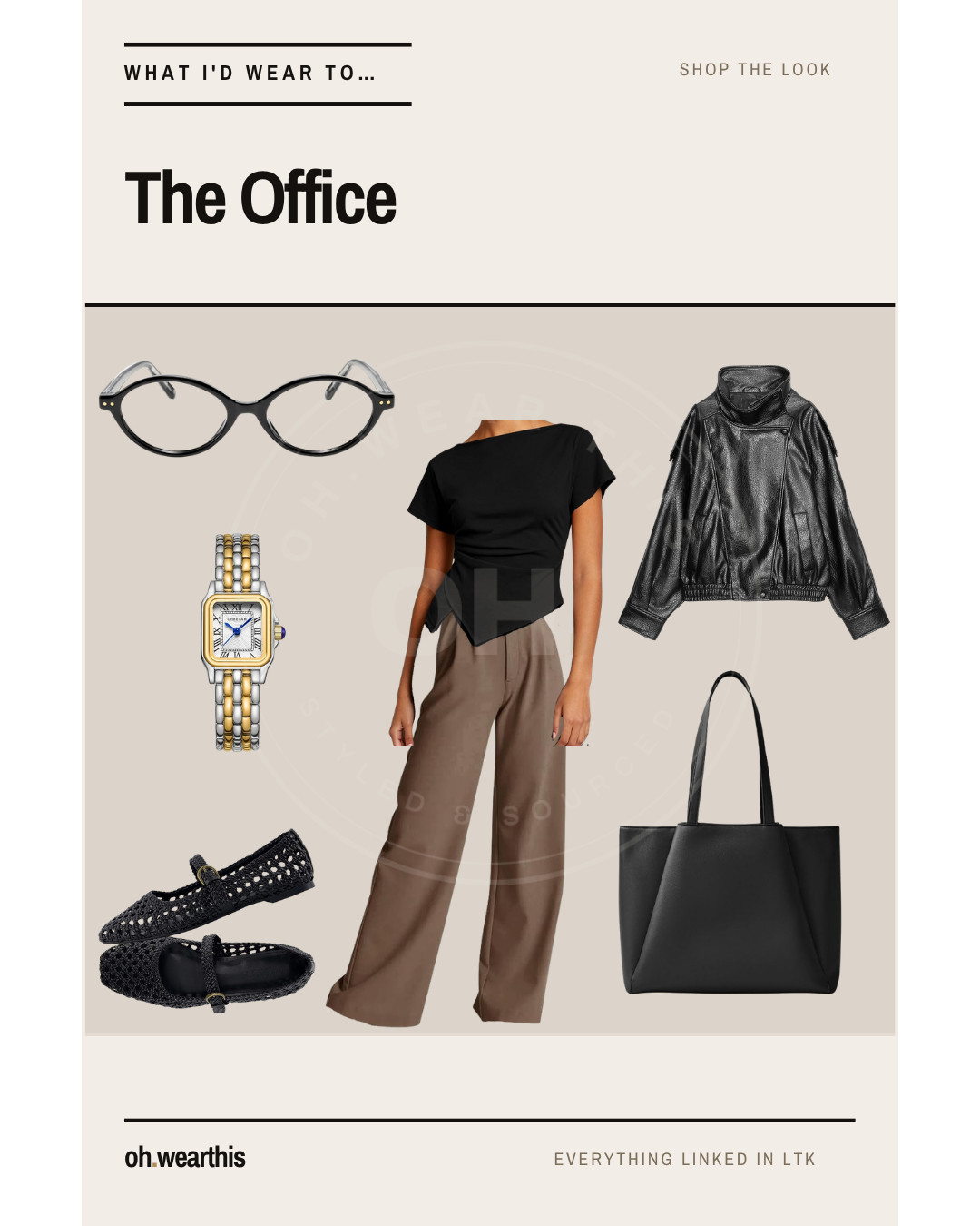 What I'd wear to...  the Office. Brown wide-leg trouser. Black and brown is the pairing most people avoid but it's the one that looks the most expensive — the warmth of the trouser stops the black from going severe. Woven flats keep it from tipping into "meeting," gold watch does the rest.

Everything from all three looks is linked. I earn a commission when you shop these.

black leather jacket outfit · one jacket three ways · work outfit · school run outfit · date night outfit · wide leg trousers · fall capsule wardrobe · leather jacket styling 

 #LTKootd #LTKOver40 #LTKWorkwear