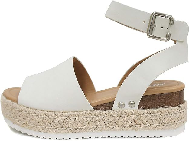 Soda Topic Open Toe Buckle Ankle Strap Espadrilles Flatform Wedge Casual Sandal (8.5, Off-White, ... | Amazon (US)