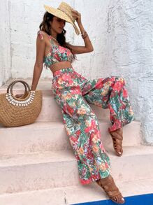 Tropical Print Knot Shoulder Crop Cami Top & Wide Leg Pants
   SKU: sw2201054245113673      
    ... | SHEIN