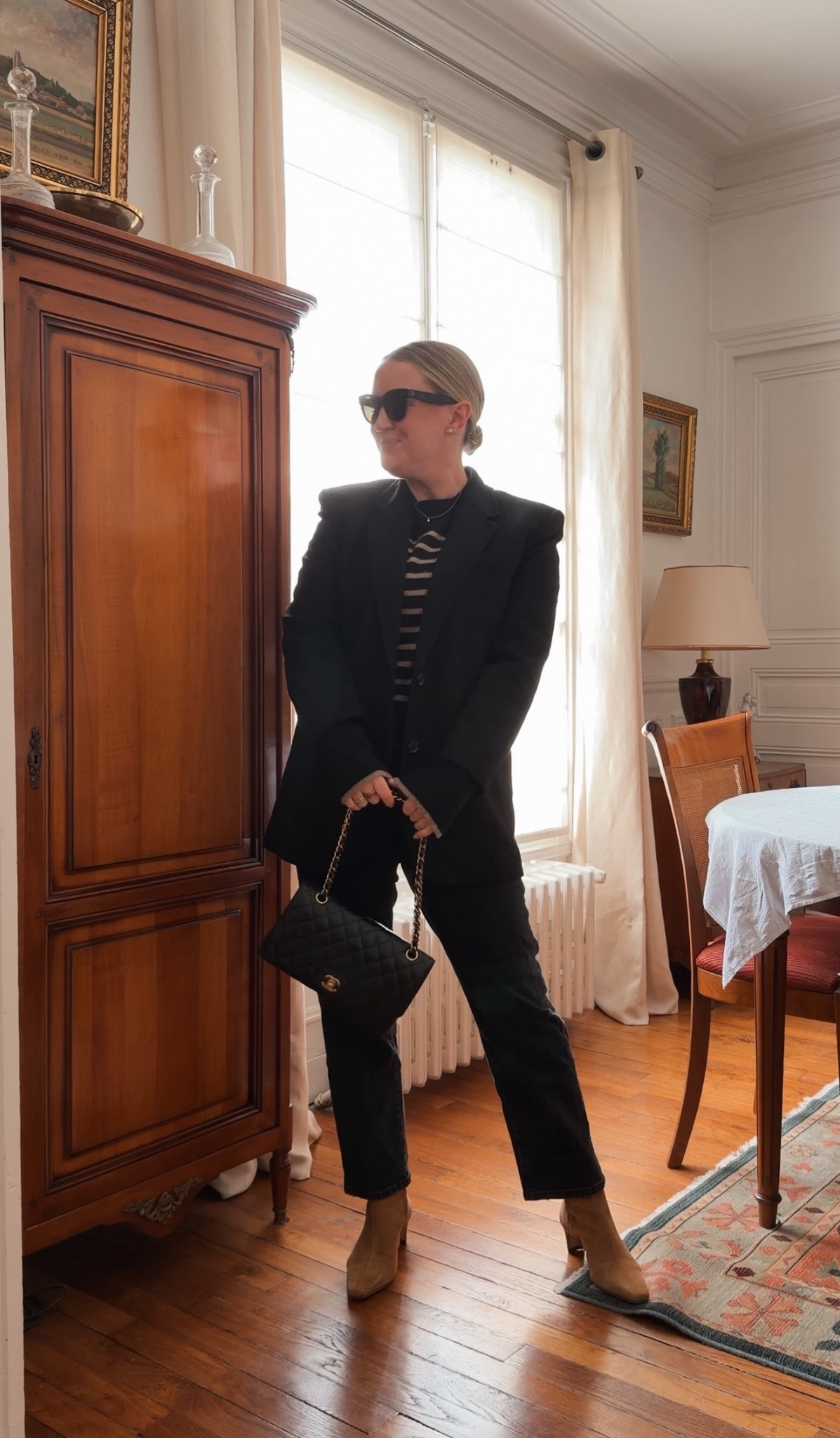 Size S in this wool blazer - runs very oversized! Currently on sale. Size L in the striped sweater. Paris outfits. Fall style 

#LTKOver40 #LTKMidsize #LTKSaleAlert