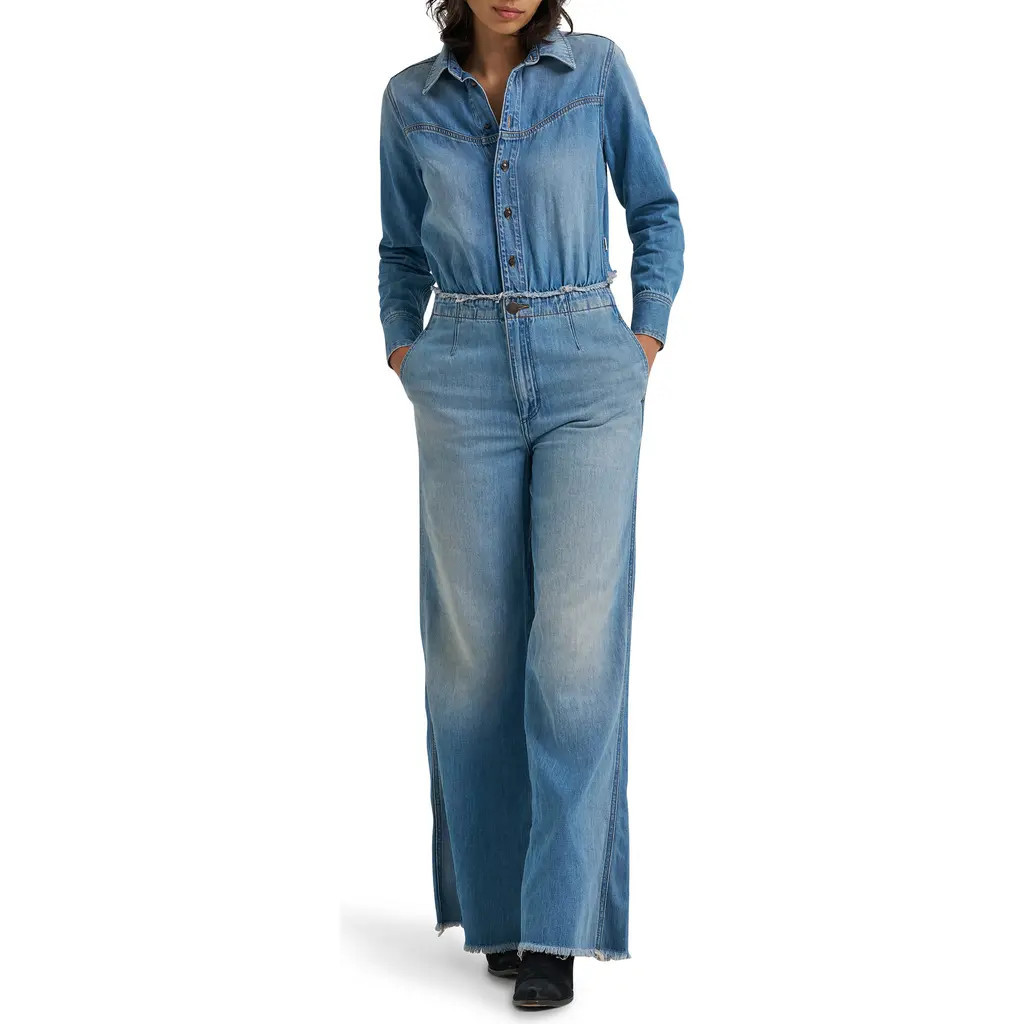 Wrangler Radiating Long Sleeve Denim Jumpsuit in Shimmerstone at Nordstrom, Size Small | Nordstrom