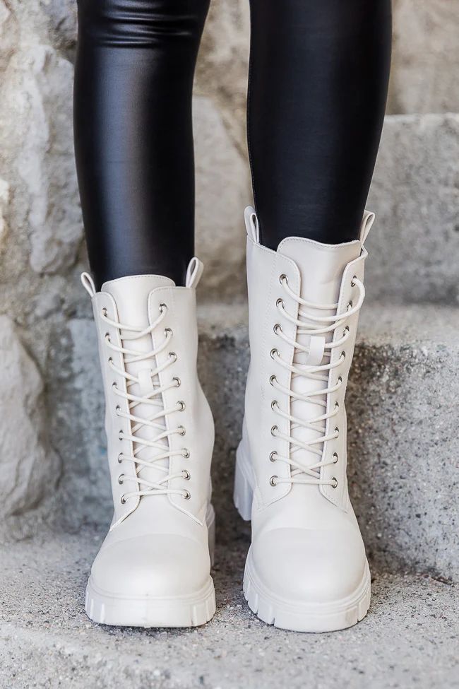 Trina Taupe Leather Combat Boots | Pink Lily