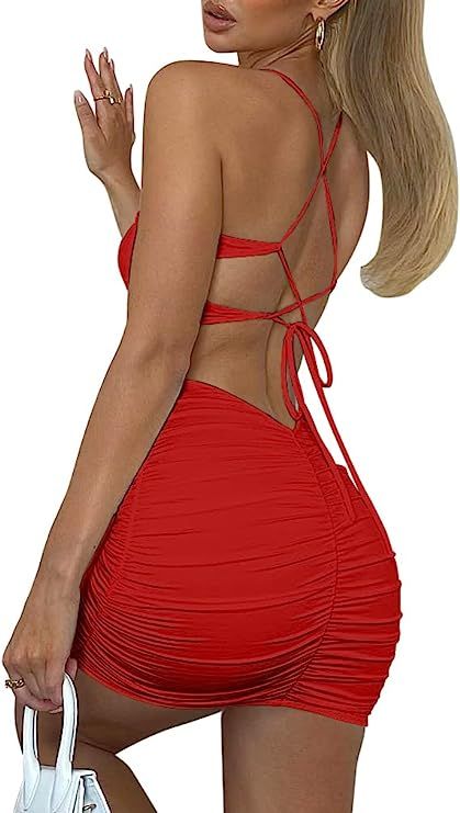 Amazon.com: DAAWENXI Women's Sexy Backless Spaghetti Strap Sleeveless Ruched Bodycon Mini Club Dr... | Amazon (US)