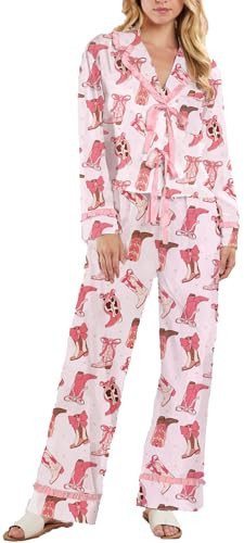Yiulangde Galentines Pajama Cowboy Boots Heart Pjs Sets Satin Bow Knot Tie Pajamas for Women Galentine's Day Silk Pajamas Lounge Pj Set | Amazon (US)