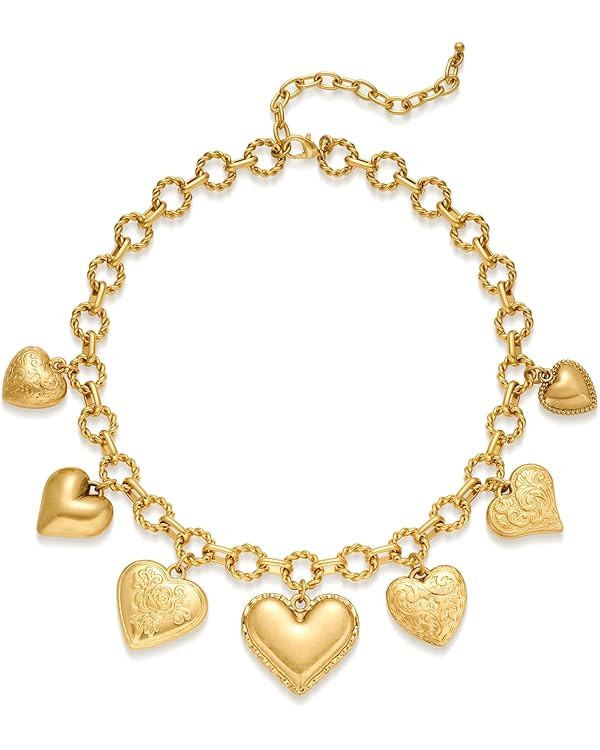 Vintage Heart Charm Necklaces for Women Matte Gold Charm Necklace Chunky Link Chain Necklace Fash... | Amazon (US)