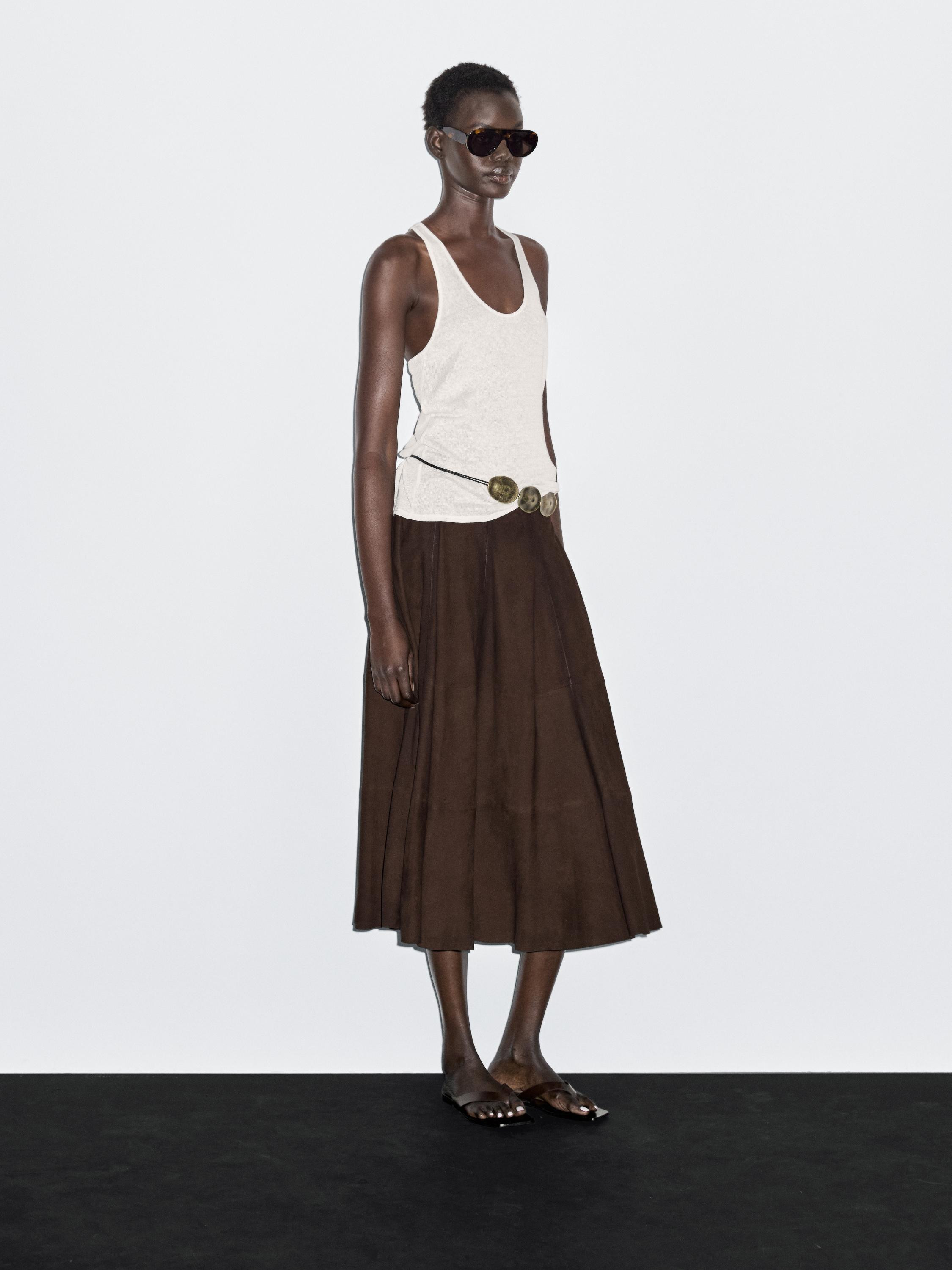 Suede leather flared midi skirt · Brown · Bags And Backpacks | Massimo Dutti | Massimo Dutti UK
