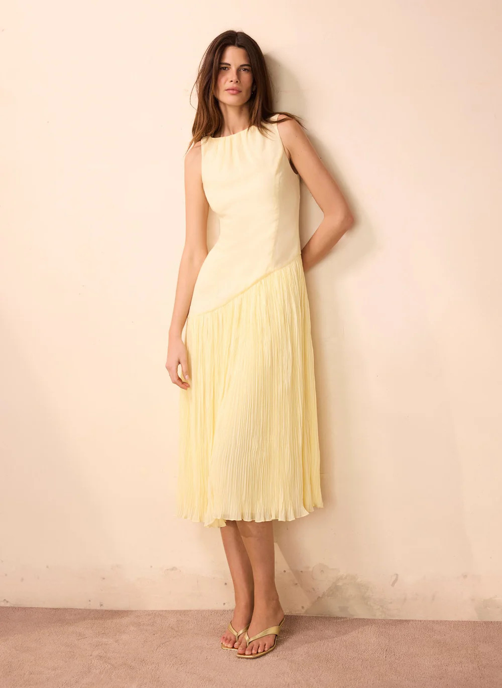 Yellow Crinkle Drop Waist Midi Dress | Mint Velvet