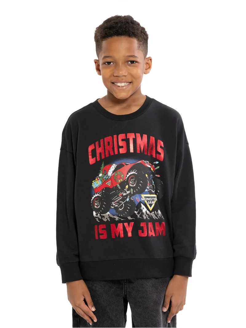 Monster Jam Boys Long Sleeve Holiday Graphic Crewneck, Sizes 4-18 | Walmart (US)