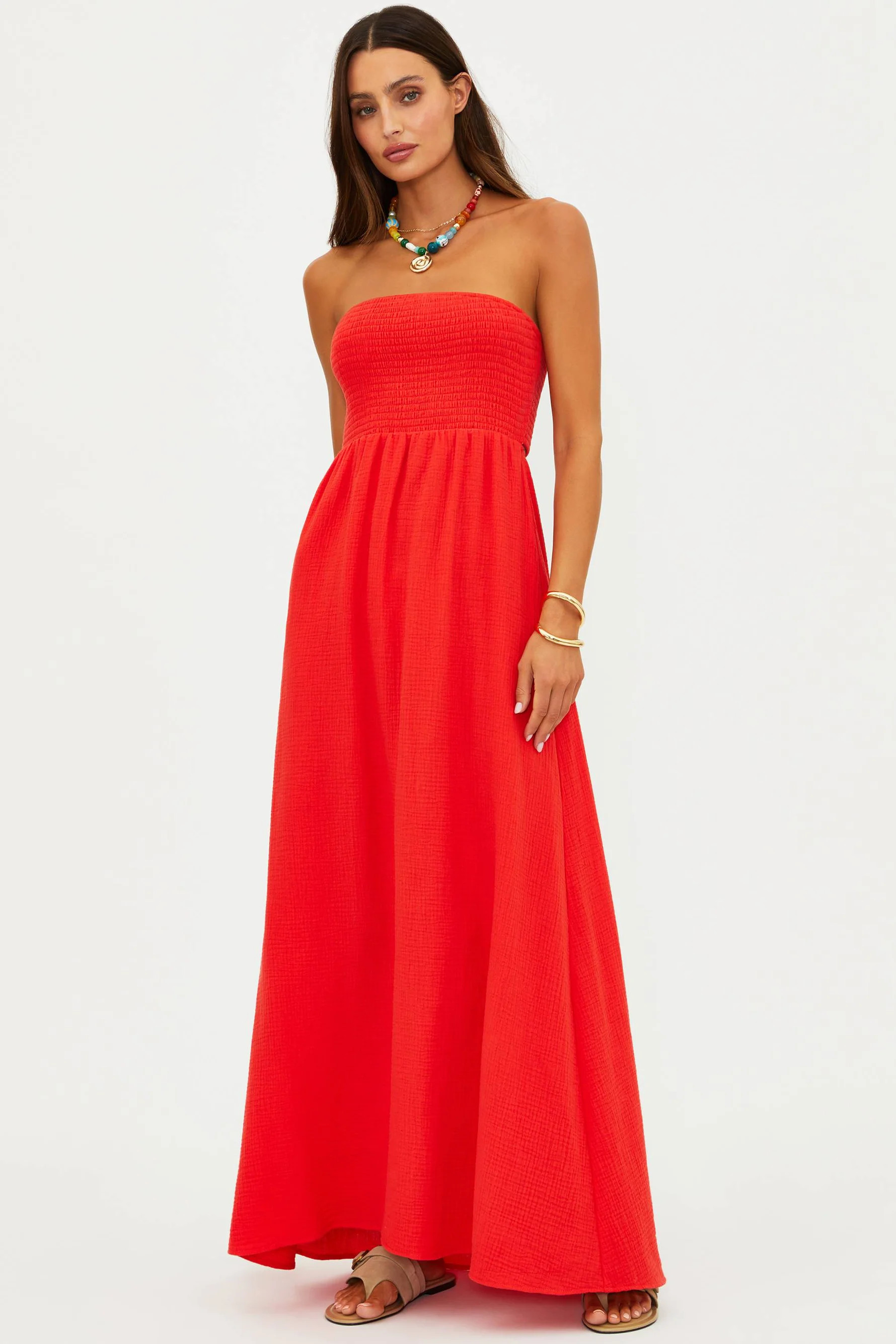 Yula Dress Hot Haze | Coral Smocked Strapless Maxi Dress | Beach Riot | Beach Riot