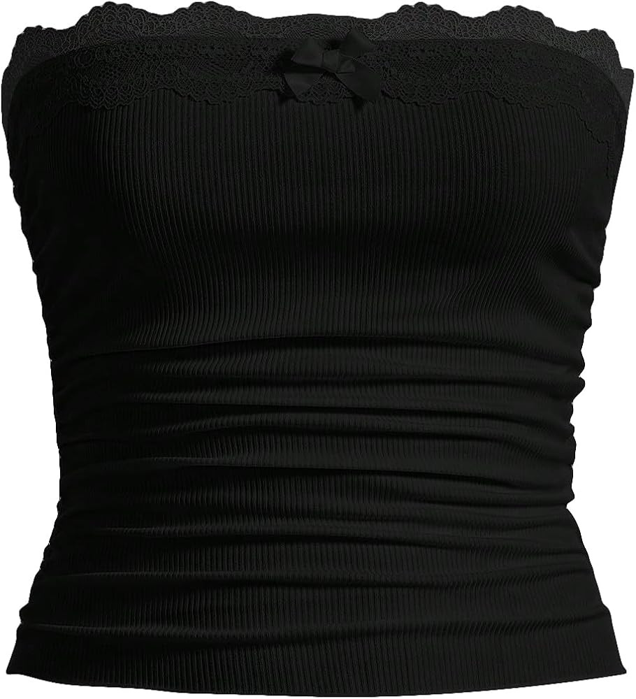 MakeMeChic Women's Solid Strapless Tube Top Sleeveless Knitted Lace Ruched Y2K Bandeau Tops | Amazon (US)