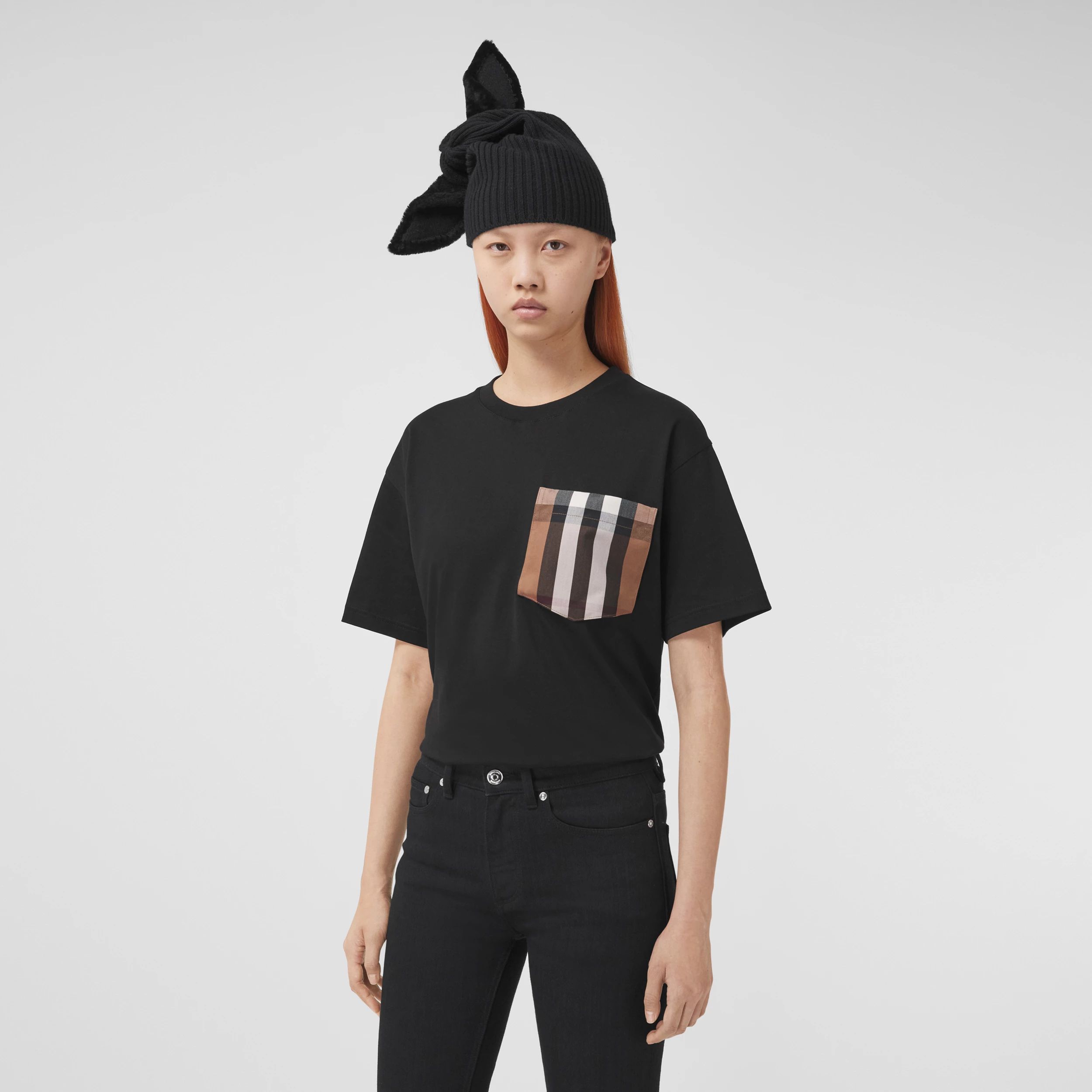 Check Pocket Cotton Oversized T-shirt in Black - Women | Burberry United States | Burberry (US)