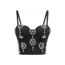 Sparkles Floral Rhinestone Bustier Bra Top in Black | Chicwish