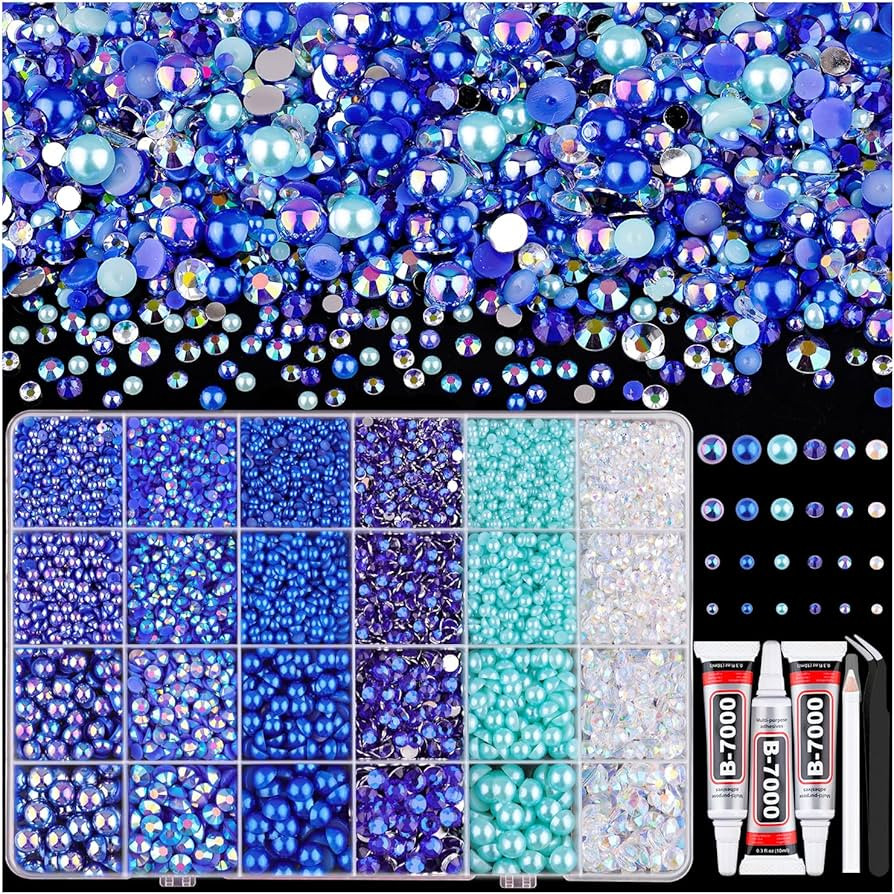 14000PCS Flatback Pearls and Blue Rhinestones for Bedazzling Kit, Dark Blue 3-10mm Resin Rhinesto... | Amazon (US)