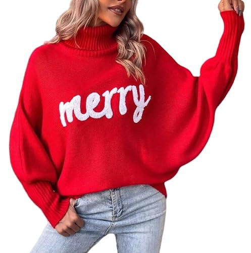 Merry Christmas Sweater for Women Long Sleeve Letter Print Xmas Knitted Pullover Merry Sweaters Holiday Santa Jumper Top (Cute Red, M) | Amazon (US)