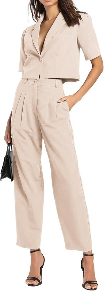 AGSEEM Womens Suits 2 Piece Set Business Short Sleeve Cropped Blazer and Wide Leg Pants Set Offic... | Amazon (US)