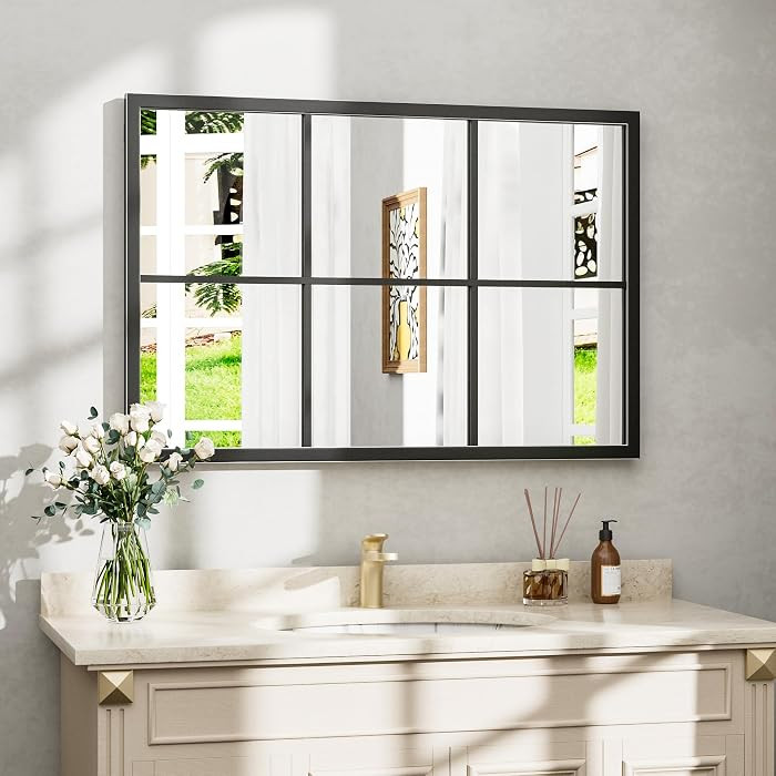Rectangle Wall Mirror, Window Mirror Wall Mounted, 24"x36"in Window Pane Mirrors, Large Black Mir... | Amazon (US)