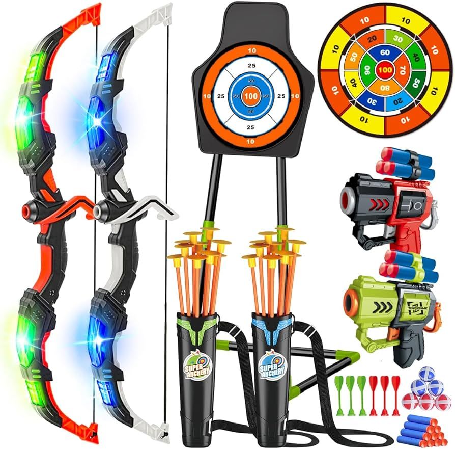 VATOS 2 Pack Bow and Arrow Toy for 5 6 7 8 9 10 11 Year Old Boys Girls, Light Up Archery Toy with... | Amazon (US)