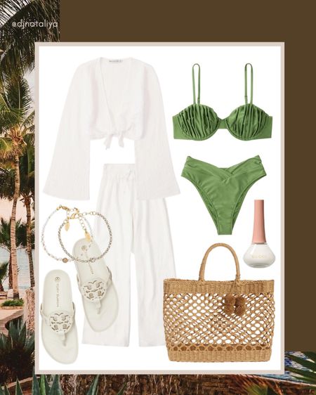 White beach cover up 
Green bikini 
White slide sandals 
Beach vacation outfits 

#bikinisets #bikini #beachvacation #beachoutfits

#LTKSeasonal #LTKswim #LTKHoliday