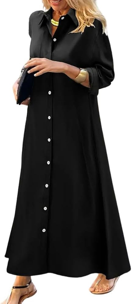chouyatou Women's Casual Button Down Maxi Shirt Dress Long Sleeve Button Up Tunic Long Dress | Amazon (US)